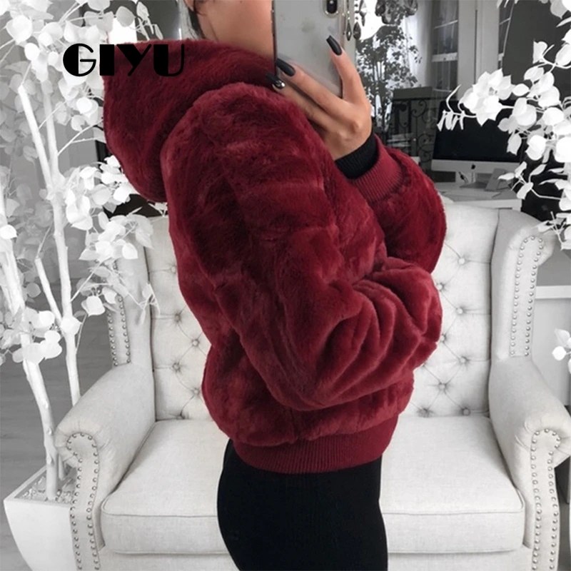 GIYU 3XL Big Size Winter Teddy Fur Coat Hooded Women Faux Casual Zipper manteau fourrure femme | Женская одежда