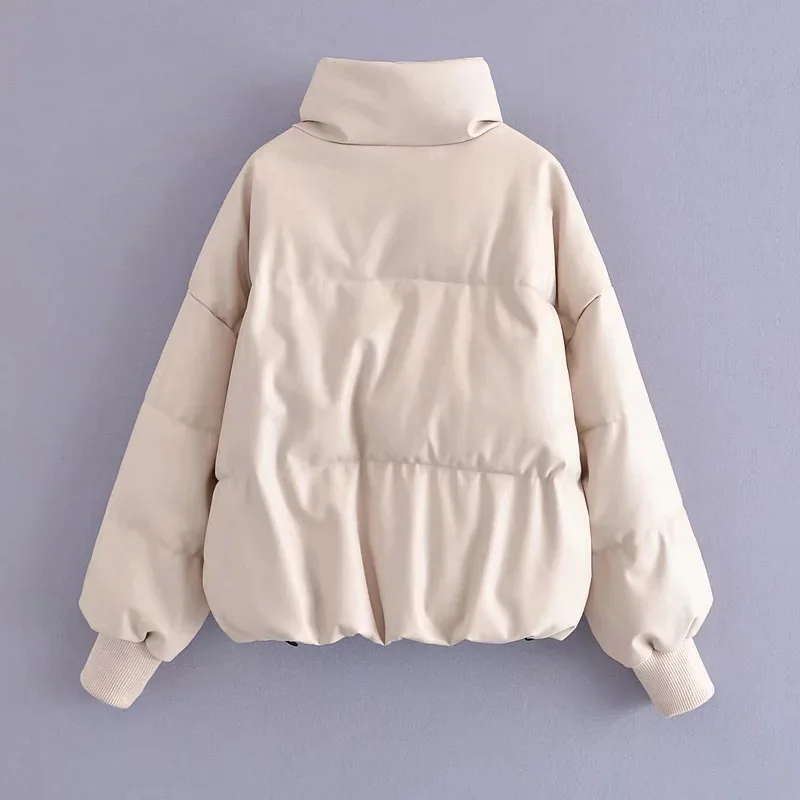 2021 Women's Winter Jacket Thick Leather Long Sleeve Parkas Puffer Woman Top Faux Women's Jacket Casual Beige Pu Padded Coats
