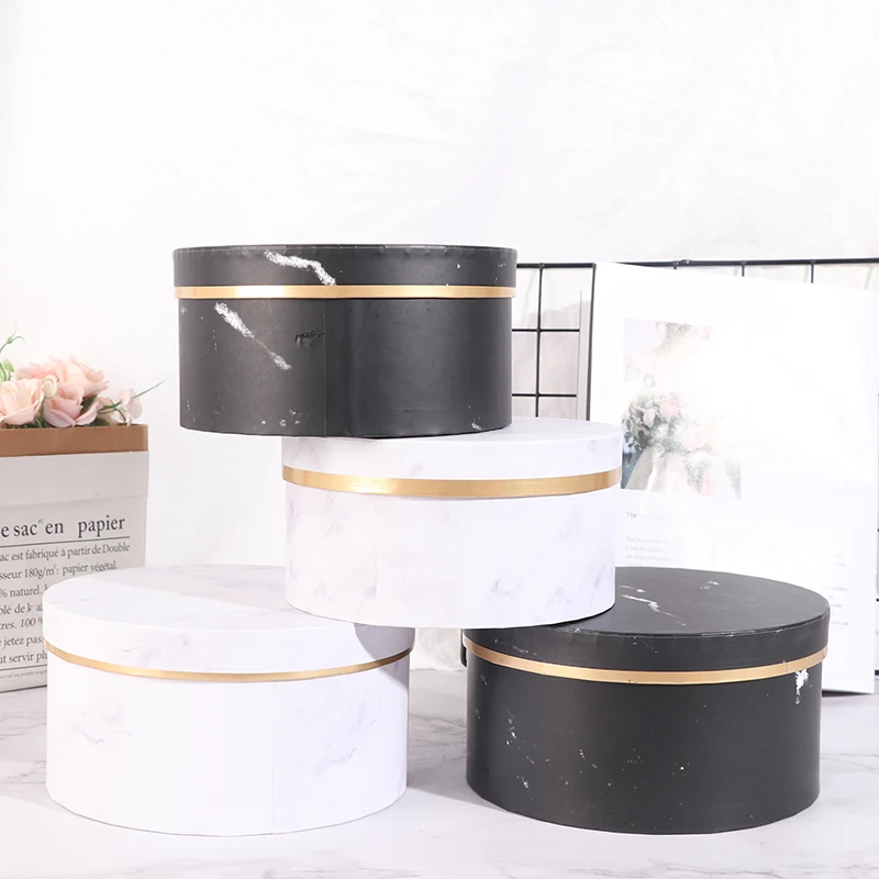 

Marble Romantic Round Flower Box Flower Packaging Paper Bag Gift Lanyard Storage Box Florist Bouquet Flower Box With Lid