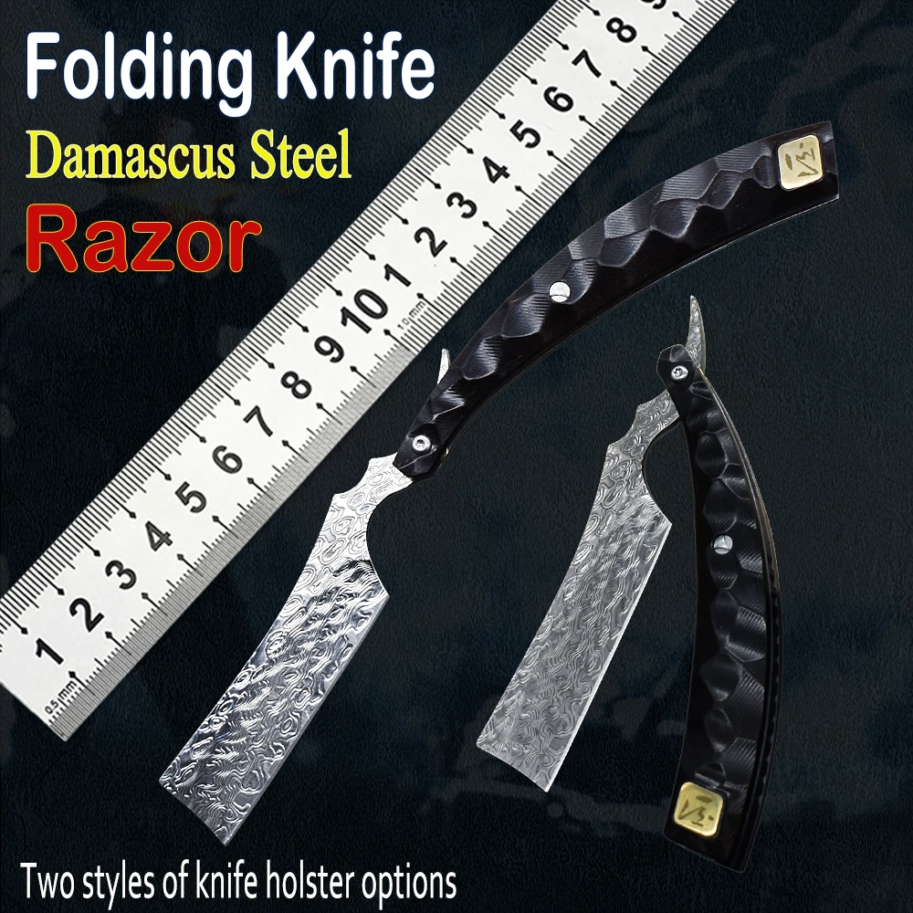 

Damascus Blade Foldable Manual Cutter Outdoor Multi-Purpose Pocket Knife With Ebony Handle Retro Straight Edge Folding Razor EDC
