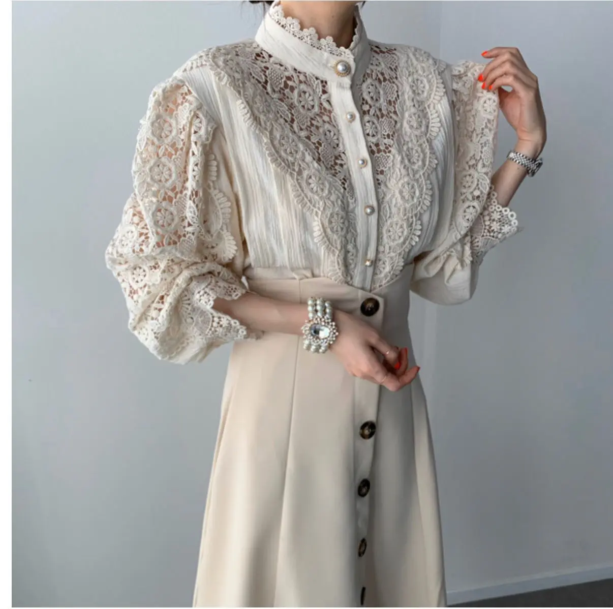 Женская кружевная блузка с воротником стойкой винтажная однобортная длинным