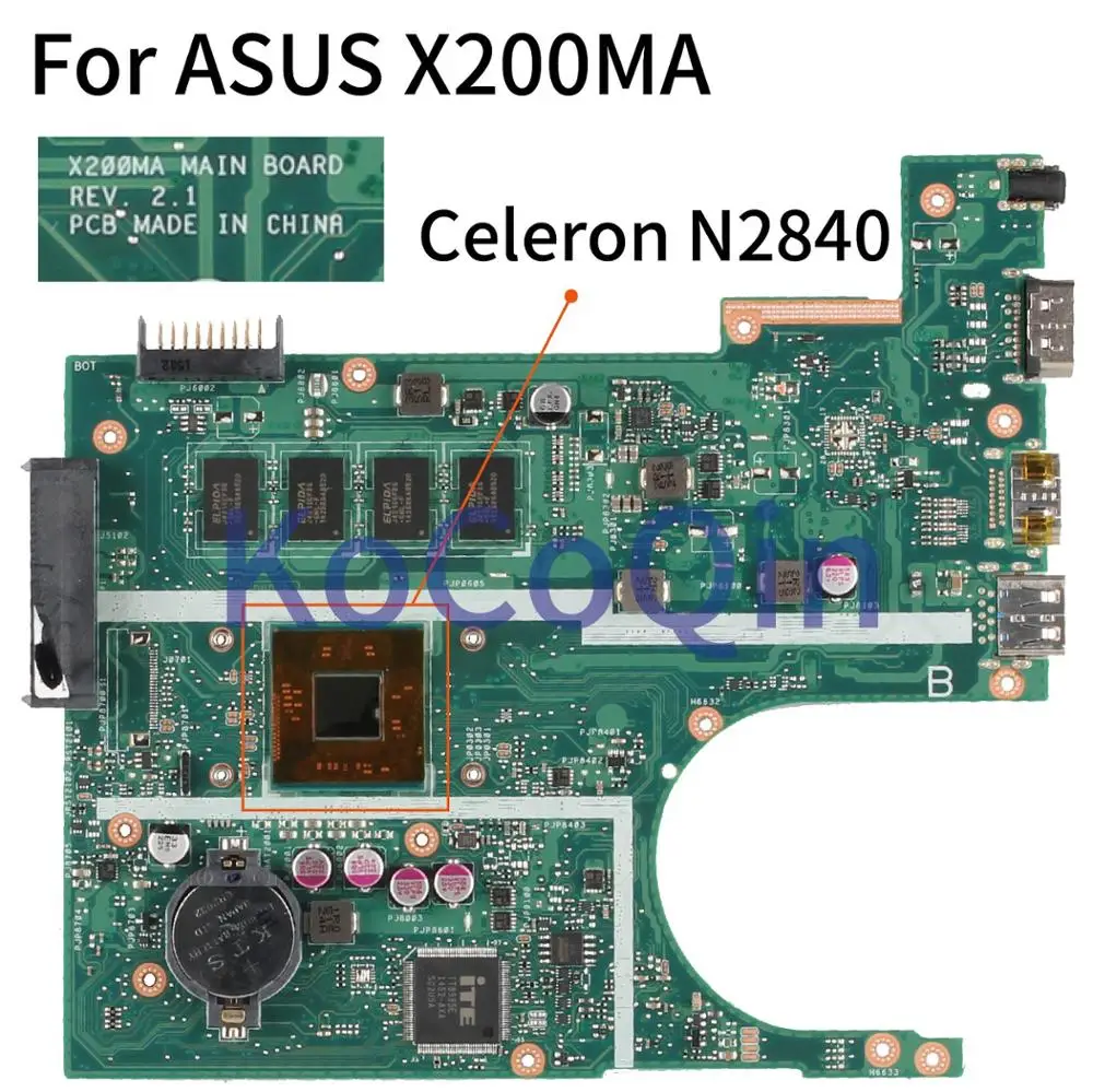 KoCoQin X200MA Laptop motherboard For ASUS F200M X200M X200MA N2840 4GB Mainboard Core SR1YJ Celeron REV:2.1