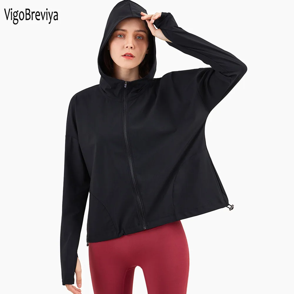 

VigoBreviay Zipper Hoodie Seamless Yoga Tops Women Long Sleeve Fitness Sports T-shirts Gym Running Workout Loose Quick Dry Shirt