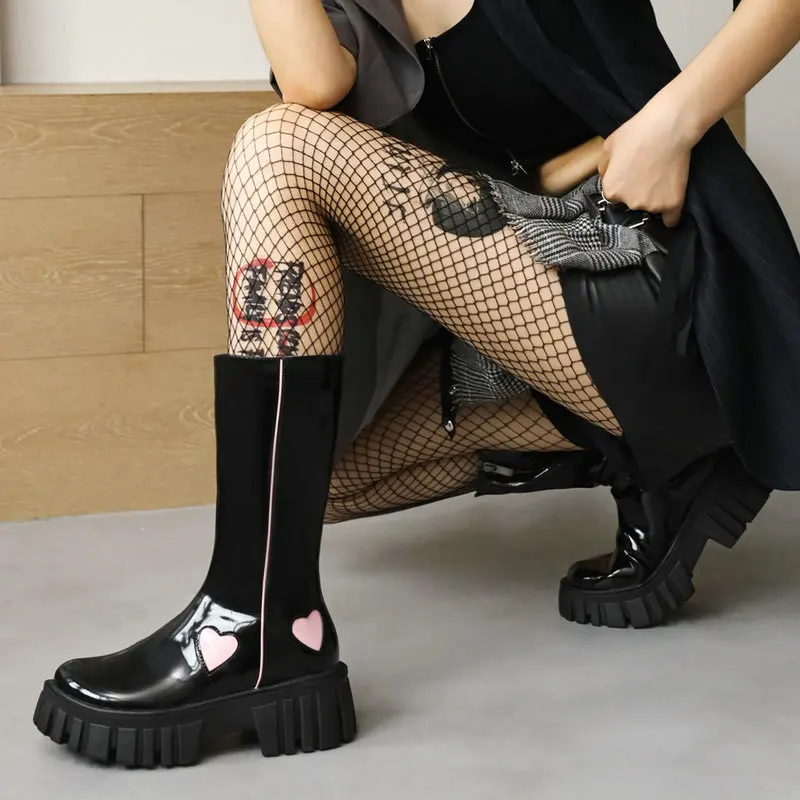 

Женские ботинки челси из искусственной кожи, ботинки до середины икры, на платформе, на молнии, с сердечком, в стиле панк, весна-осень