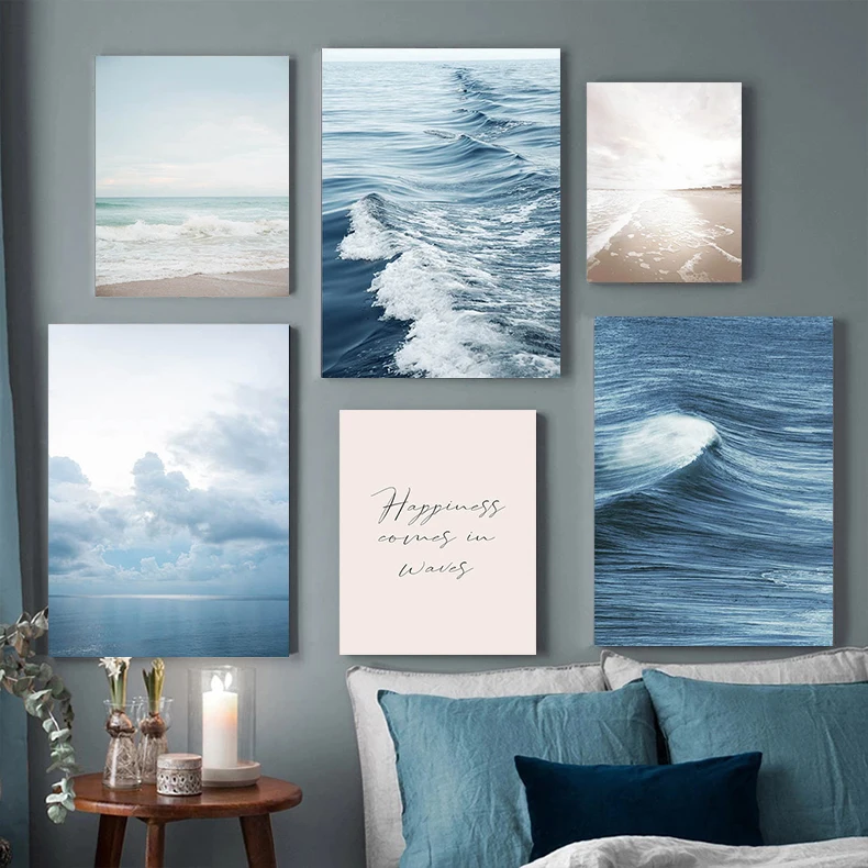 Wall Art Canvas Painting Blue Modern Natural Waves Beach Picture Home Decoration for LivingRoom Bedroom Decorative Poster | Дом и сад