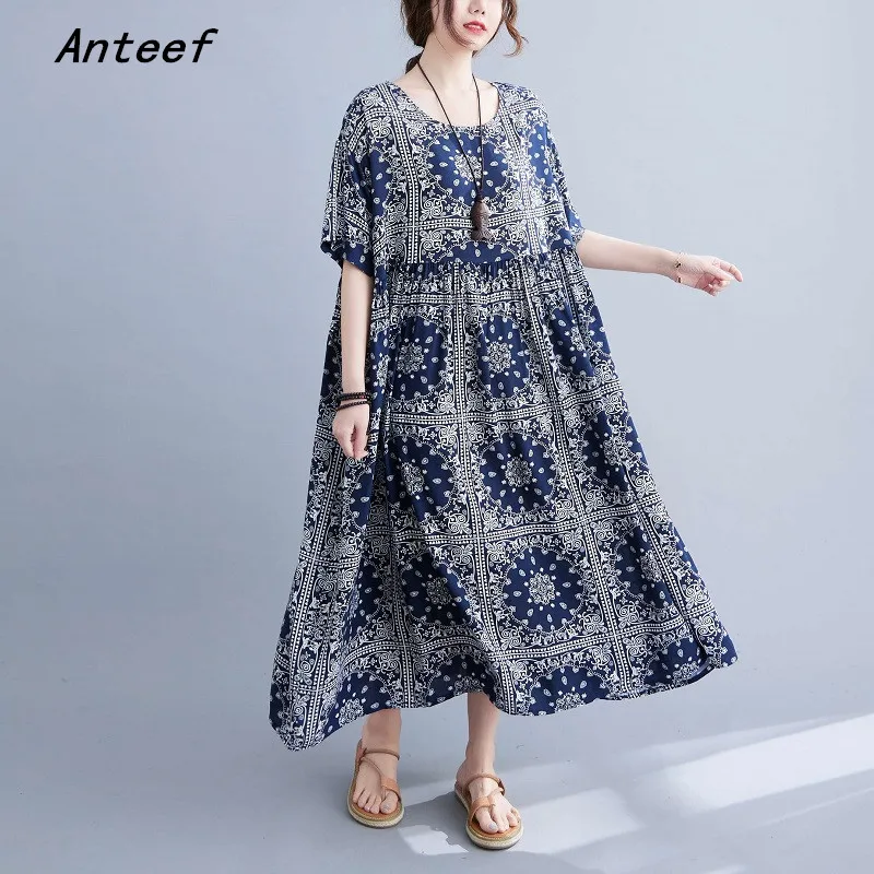 

Женское винтажное платье из размера плюс хлопка, с коротким рукавом, с цветочным рисунком, повседневное, свободное, длинное, летний сарафан, ...