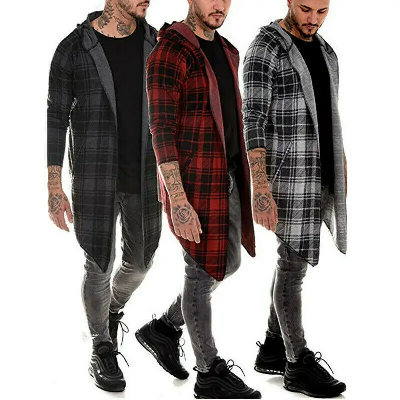 

4XL high quality Long Section Plaid Hoodie Warm Hooded Tops Plaid Coat Jacket Casual High Street Outwear Overcoat