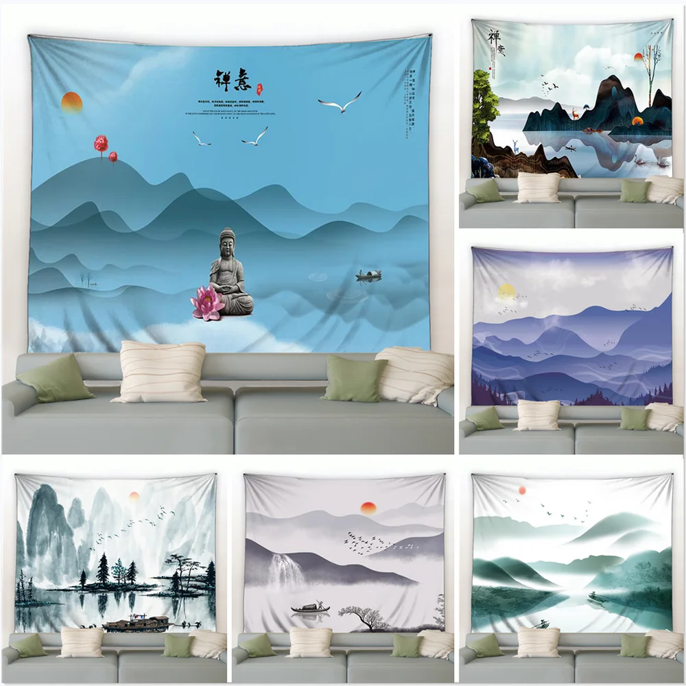 

Chinese Style Ink Painting Landscape Tapestry Mountain Water Buddha Wall Hanging Blanket Living Bedroom Dorm Decoration Curtains