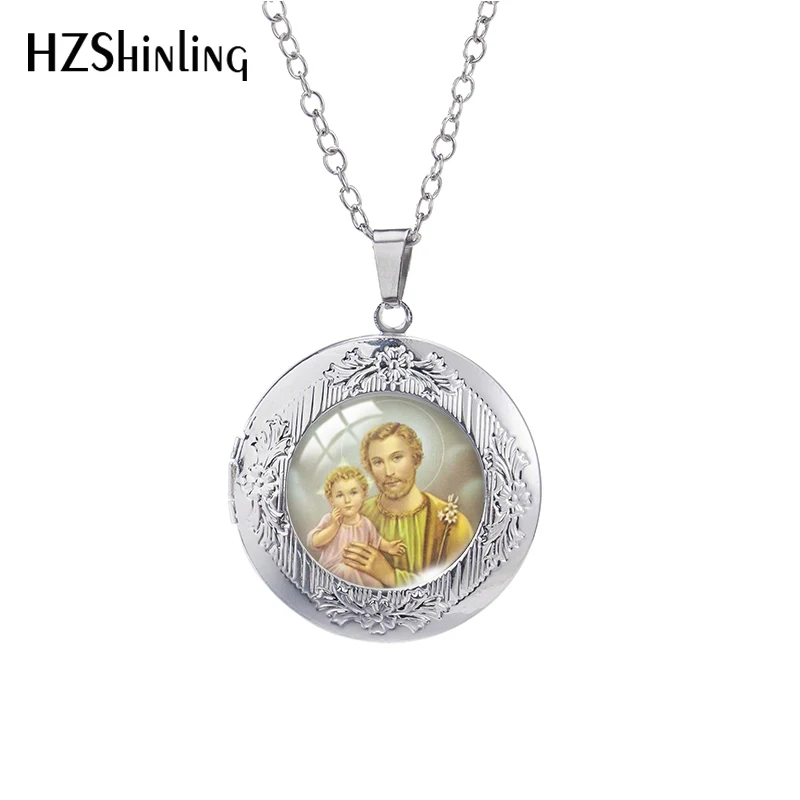 

Vintage Christian Saint Paintings Necklace Photo Locket Memory Pendant Glass Cabochon Necklace Jewelry