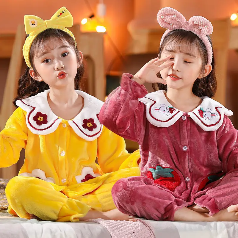 

Autumn Winter Long Sleeve Warm Flannel Pajamas Set Children Pajamas Suit For Girls Kids Cartoon Pictures Fashion Homewear