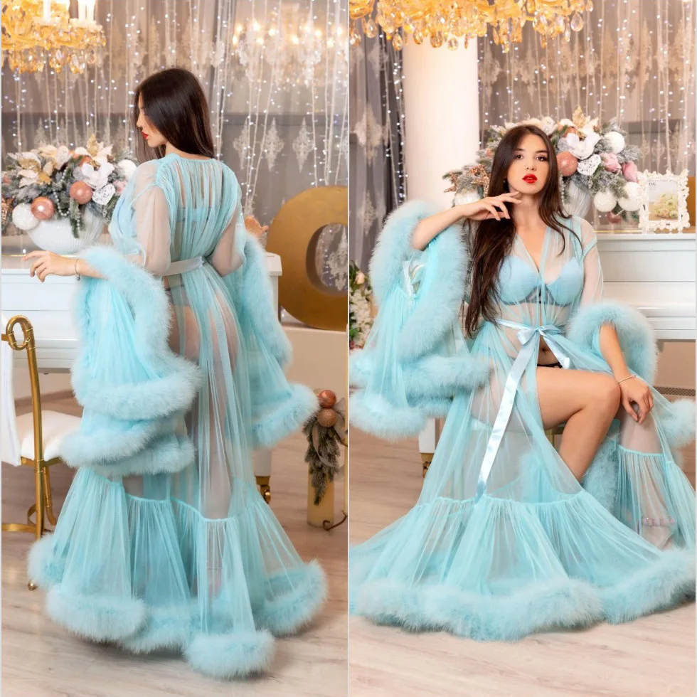 

Chic Blue Women Kimono Maternity Dress Robes Photo Shoot Pregnant Party Sleepwear Sexy Faux Fur Lady Bathrobe Sheer Nightgown