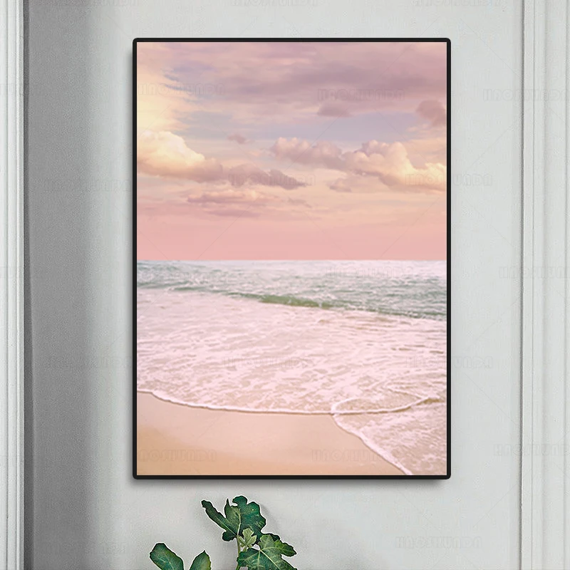 Розовые пастельные облака Пляж пейзаж Фотография плакат океанская волна Бохо