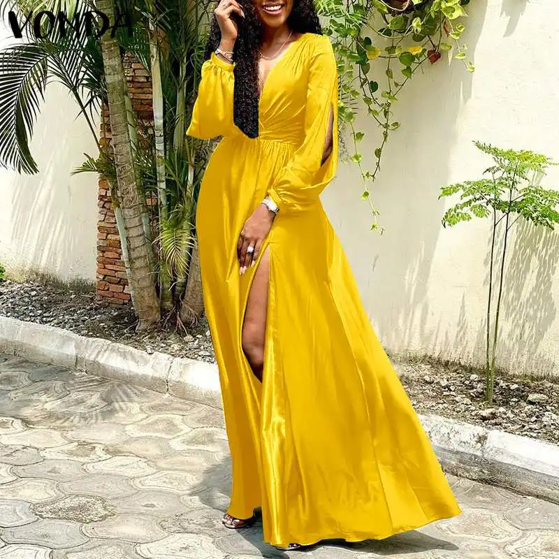 

VONDA Women Split Hem Dresses Casual Lantern Sleeve Hollow Out Robes Ladies Sexy Deep V Neck High Waist Slit Bohemian Vestidos