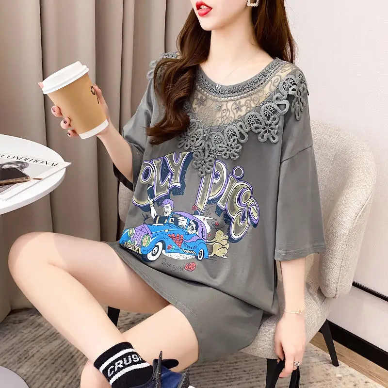

Summer short sleeve women's tide with cotton long shirt Korean style loose top stitching lace slim half sleeve