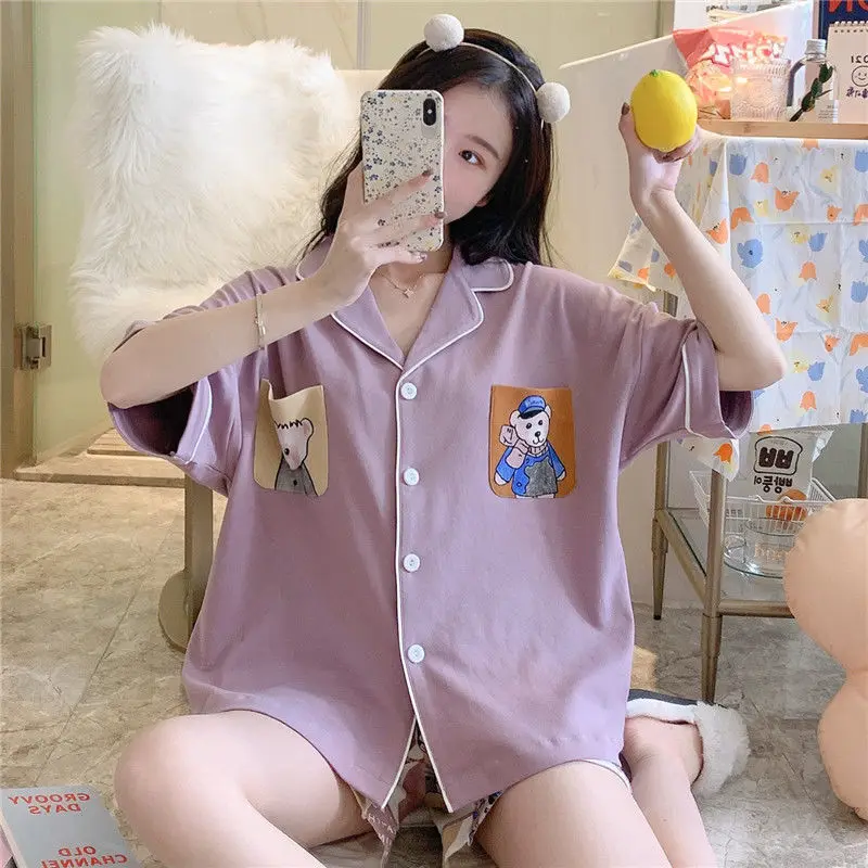 

Japanese Pajamas for Women Summer Kawaii Cartoon Bear Print Sleepwear Girls Cute Lapel Pyjamas Sweet Home Suit Two Piece Pijamas