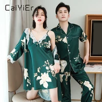 caiyier 2020 lovers silk pajamas set flower lace sexy robe nightdress women men nightwear suit fashion colors party homewear