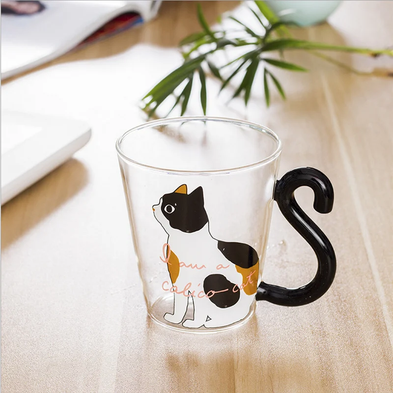 300 мл мультфильм кошка стеклянная чашка с ручкой сок воды чашки парные кофе чай