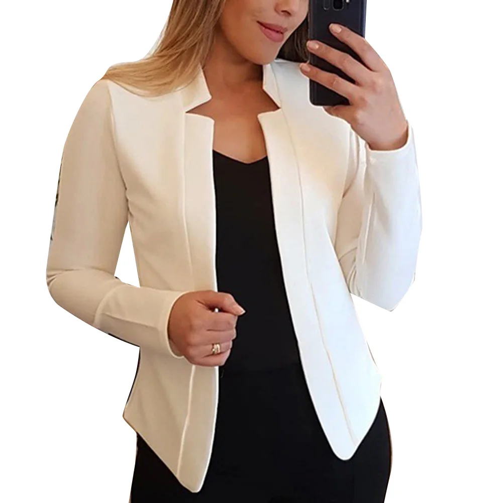 

Solid Color No Button Blazer Women Long Sleeve Slim Suit Jacket Coat