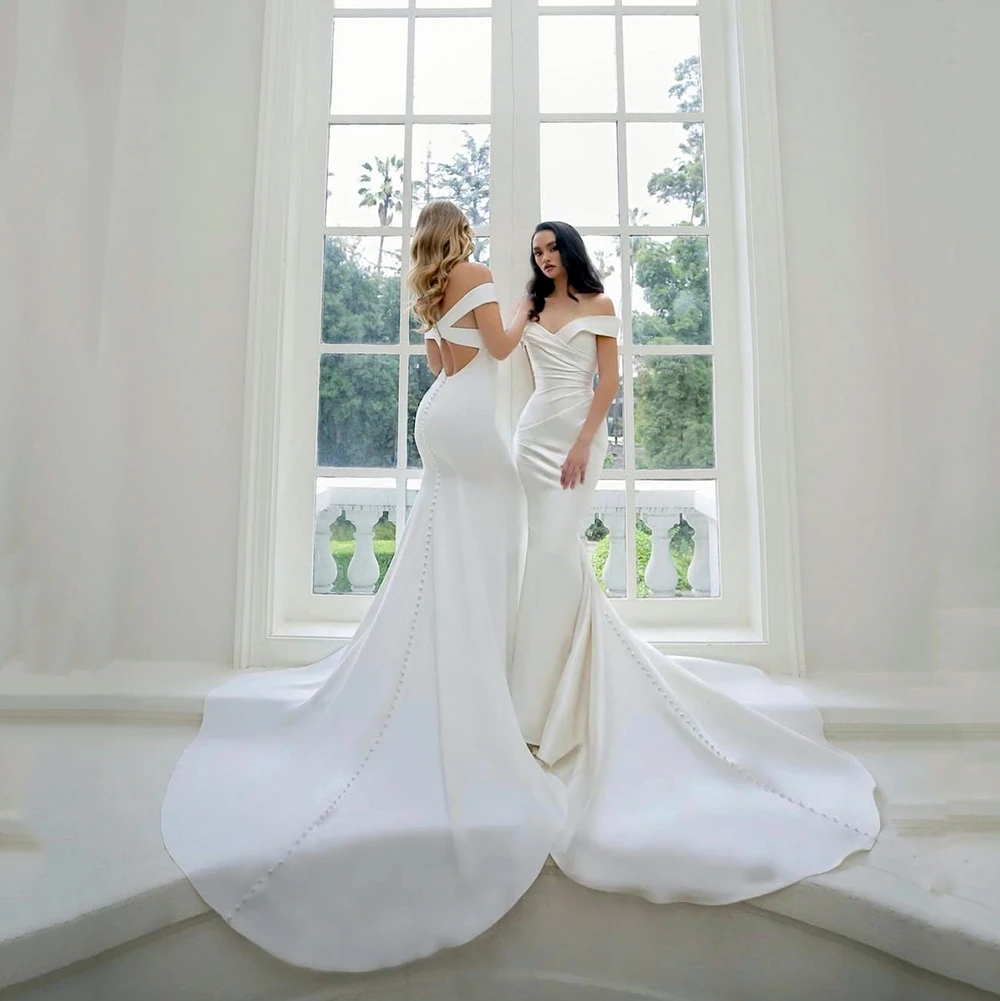 

Off Shoulder Mermaid Wedding Dress V Neck Buttons Backless Elegant Stain Robes De Mariée Simple Bride Gowns Vestidos De Novia