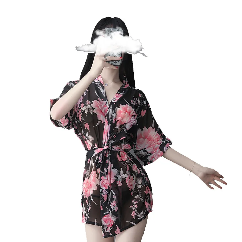 

2020 Asian Fashion Women Transparent Chiffon Floral Printed Japanese Dress Floral Robe Kimono Sexy Sleepwear Short Style Gift