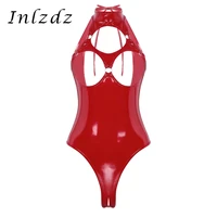 women wet look patent leather lingerie halter neck sleeveless hollow out nipples open back crotchless thong leotard bodysuit