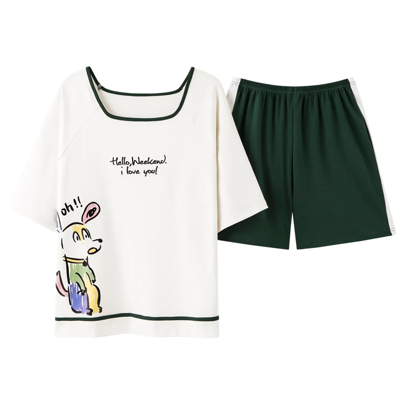 

Trendy Sweet Femme Sleepwear Pajamas Sets Women Summer Cotton Oversize Short Sleeve Cute Color Doodle Puppy Print Girls Homewear