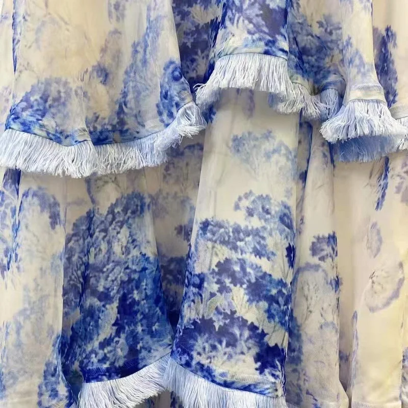 

New 2021 Summer Long Dress High Quality Women O-Neck Blue Floral Print Cascading Ruffle Belt Deco Long Sleeve Casual Maxi Dress