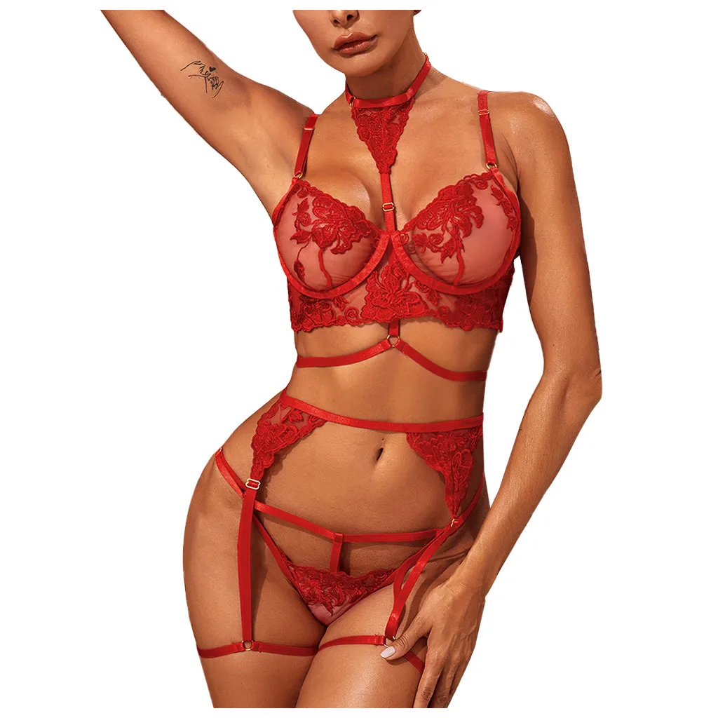 2020 New Sexy Women's Mesh Lingerie Bra+Garter+Briefs Set Cut-Out Sleepwear Exotic Babydoll Lady Underwear Nightwear | Тематическая