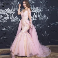 sweet pink 3d flower lace mermaid evening dresses with detachable train full sleeves evening gowns vestido longo abendkleider