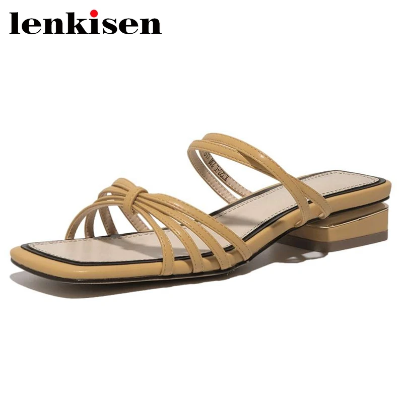 

Lenkisen 2020 new arrival genuine leather peep toe low heel slip on summer shoes elegant lady streetwear basic sandals women L23