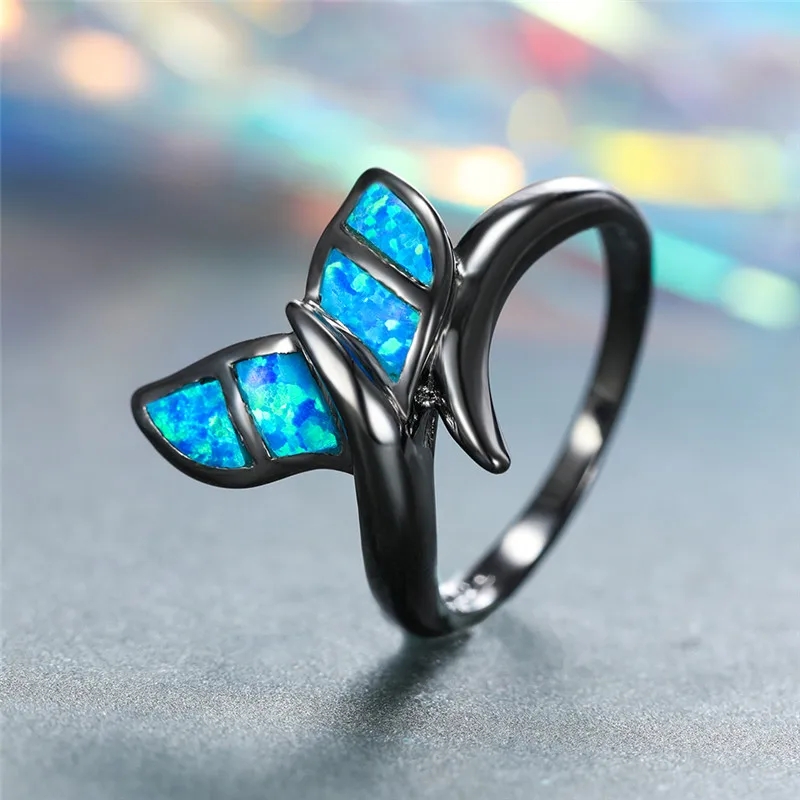 Женское кольцо с голубым огненным опалом в форме рыбьего хвоста Винтажное