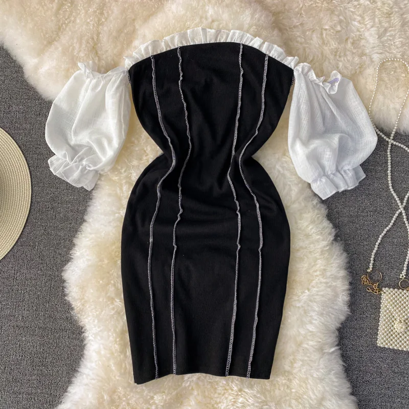 

Новинка лета 2021, французское модное кружевное сексуальное платье в черную полоску с глубоким вырезом, с коротким рукавом-фонариком, для веч...