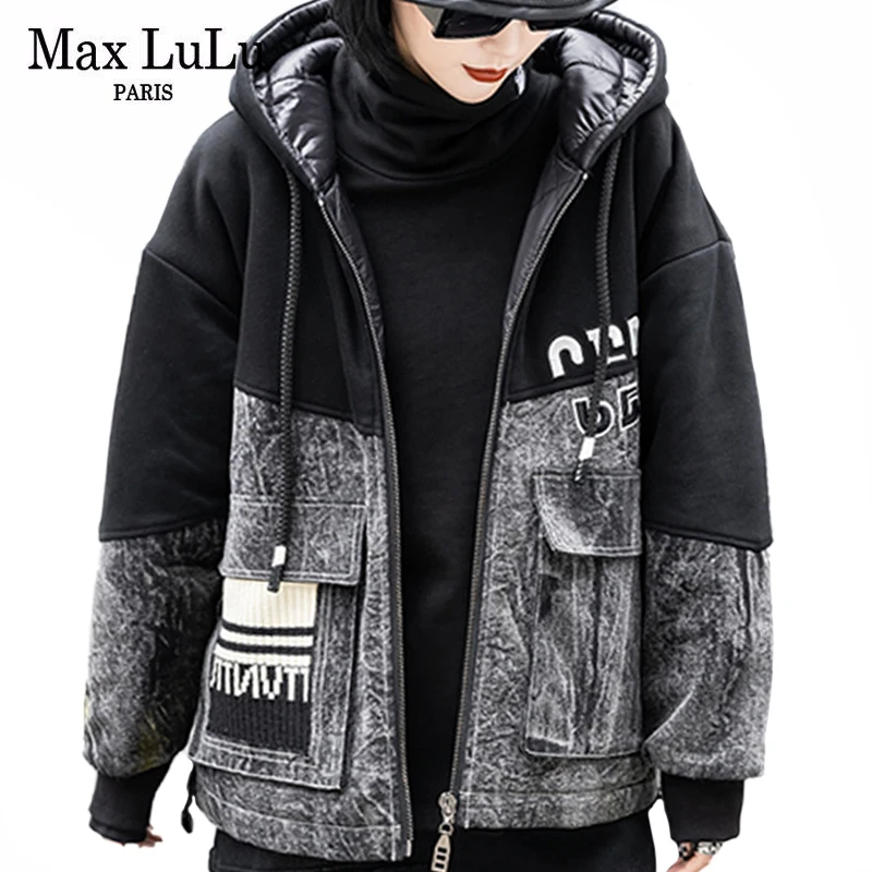 

Женская куртка в стиле пэчворк Max LuLu, свободная уличная куртка в европейском стиле, парка с подкладкой, Готическая джинсовая куртка с капюшо...
