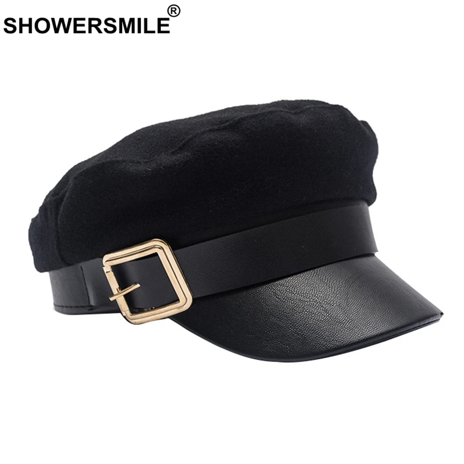 SHOWERSMILE Шерстяная кепка Newsboy s Зимняя Черная кепка женская кожаная плоская кепка s Дамская Элегантная классическая Кепка для британского Бейкера