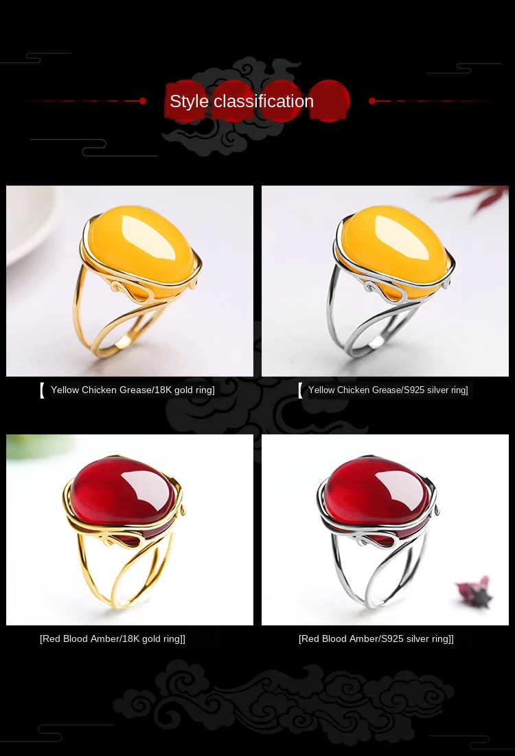 

Natural Honey Wax Open Ring 18K Gold Inlaid With Amber Chicken oil Yellow Old Honey Women's Movable Mouth Adjustable Cupper