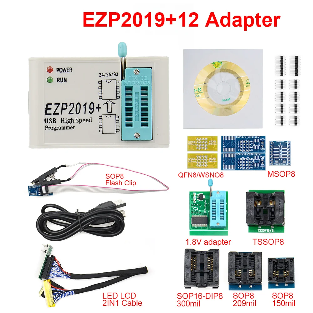 

2021 EZP2019 Full set High-Speed USB SPI Programmer+12 Adapter SOP8 test clip sop8/16 Support 24 25 93 EEPROM 25 Flash Bios Chip