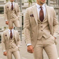 khaki 3 pieces mens formal tuxedos double breasted business suits groom wedding prom party outfit jacketvestpants