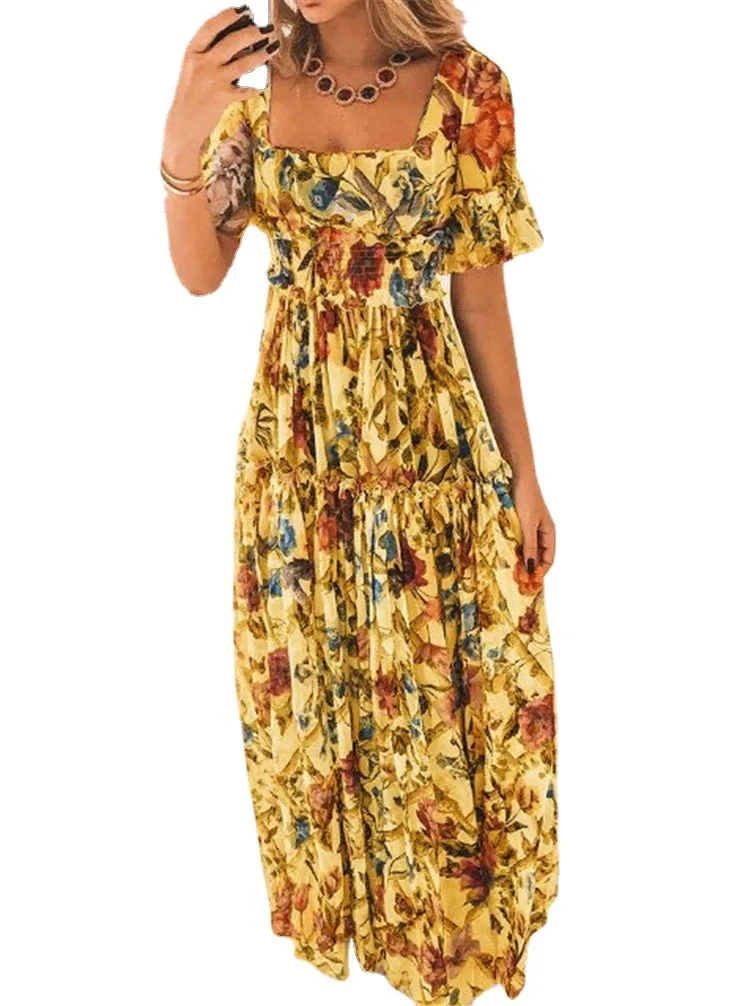 

Women Long Dress Casual Bohemian Style Square Collar Short Puff Sleeve High Waist Print Floral Big Hem Patchwork Folds