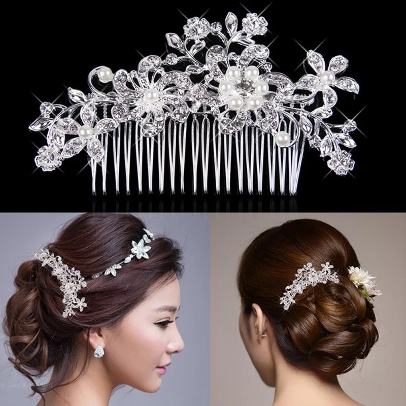 

Womens Wedding Elegant Five-Petal Crystal Hair Ornaments Flashing Crystal Pearl Bride Hair Comb Bridal Hair Accessories Jewelry