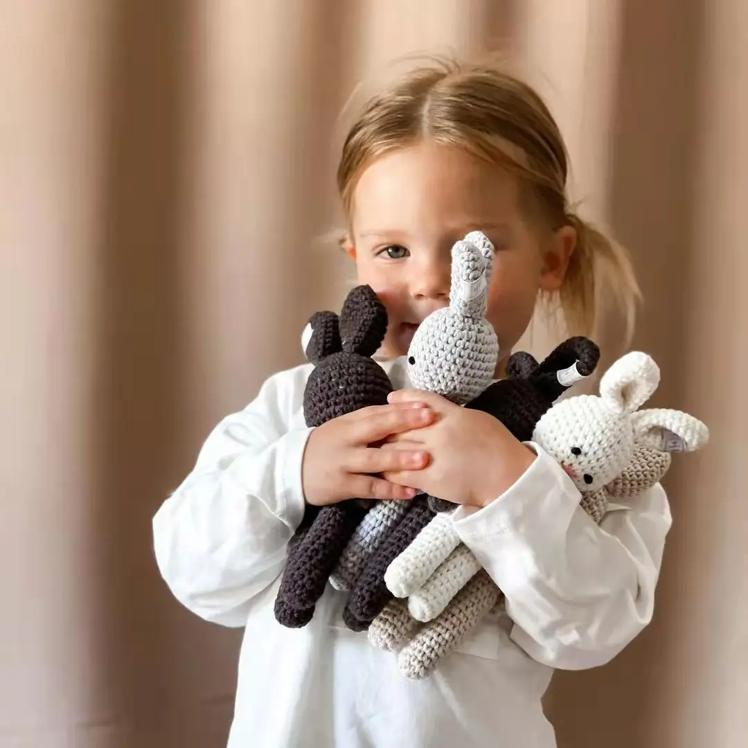

Baby Rabbit Hand Bell Kawaii Toys Soft Comfort Knitted Animals Multifunctional Crib Stroller Appease Toy Gift for Kid Room Decor