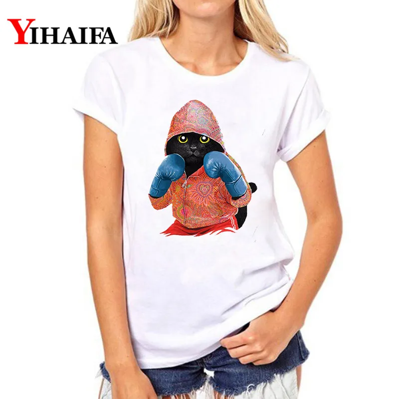 YIHAIFA женская футболка с коротким рукавом забавная для бокса графикой кошки