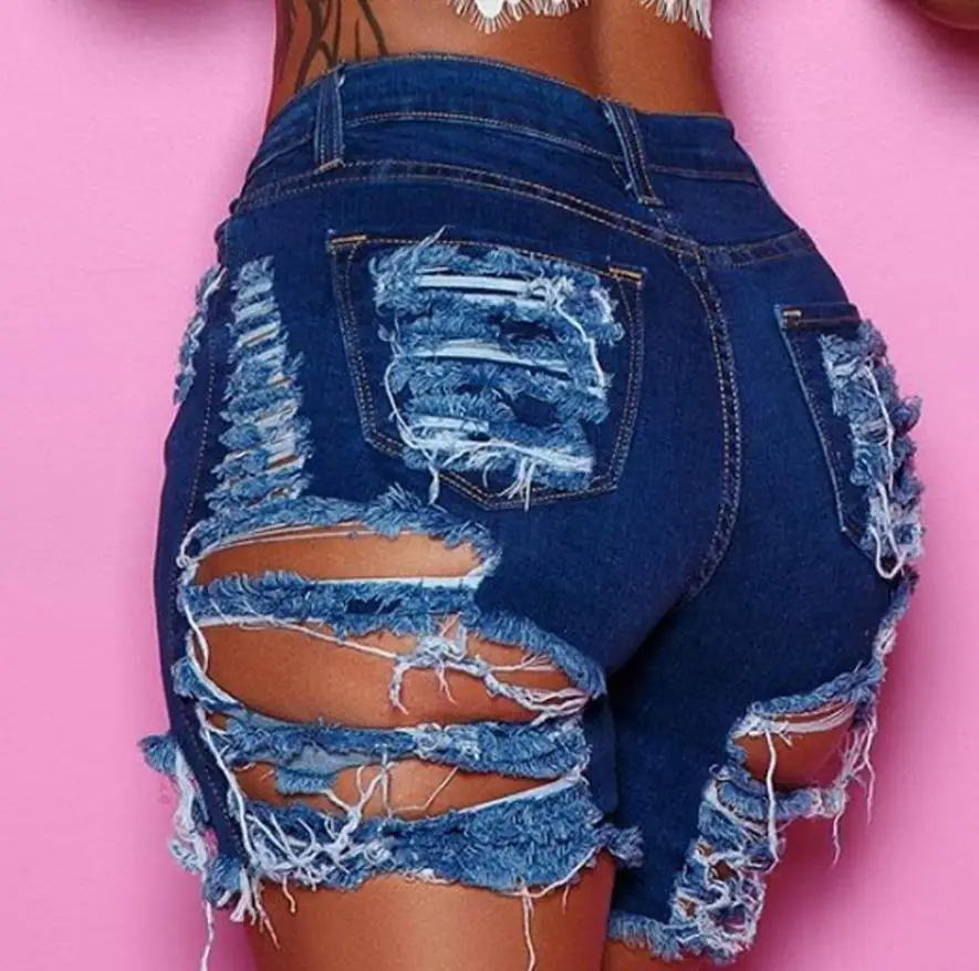 

2021 Fashion Girls Denim Shorts Broken Holes Hollow Out Bleached Washed Tassels High Waist Streetwear Casual Jeans Real Pictures