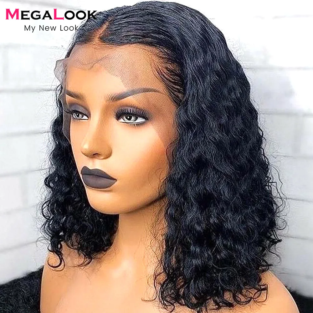 Water Wave Short Bob Wig 13x5x2 Lace Front Transparent Frontal Wigs T Part Brazilian Remy Human Hair 130% | Шиньоны и парики