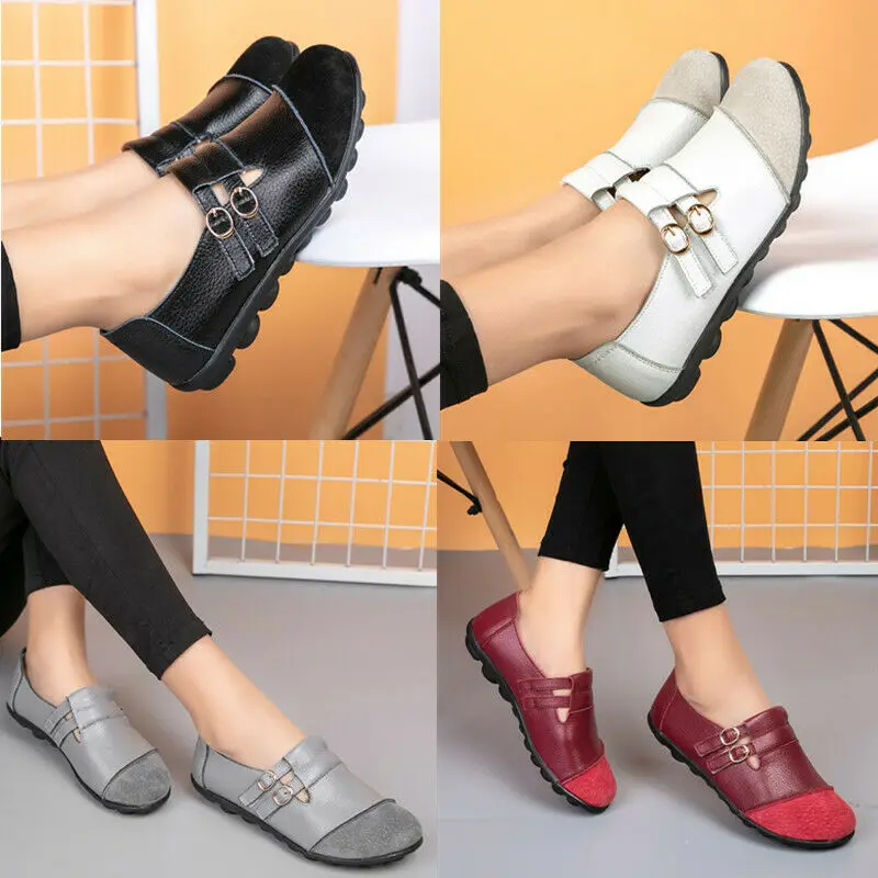 

Retro Women Leather Monk Buckle Straps Casual Soft Flats Shoes Slip On Moccasins