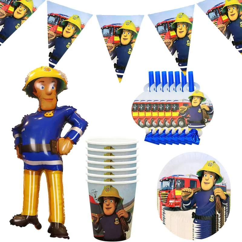 

Sam Firefighter Decorations For Fire Theme Party Supplies Dinner Dinner Plate Triangle Banner Cartoon Sam Balloon