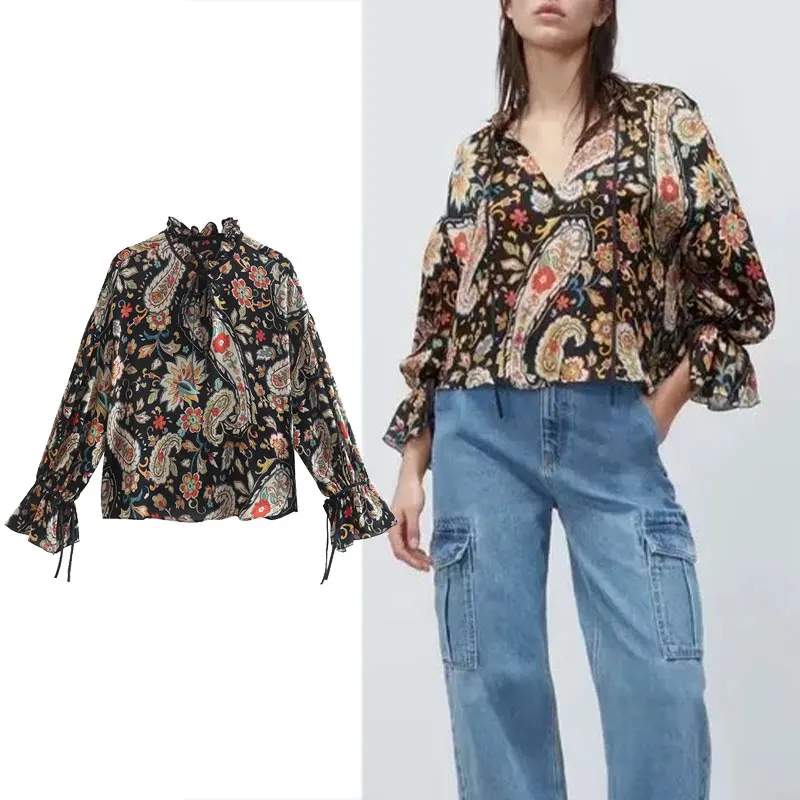 

Блузка женская с цветочным принтом и бантом, Элегантная Модная Повседневная рубашка с длинным рукавом и шнуровкой, шикарные топы, 2022