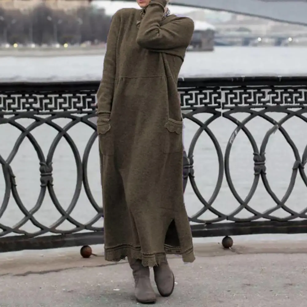 

Women Autumn Winter Long knitted Sweater Dress Female Pullover Long Sleeve Straight Oversized Round Collar