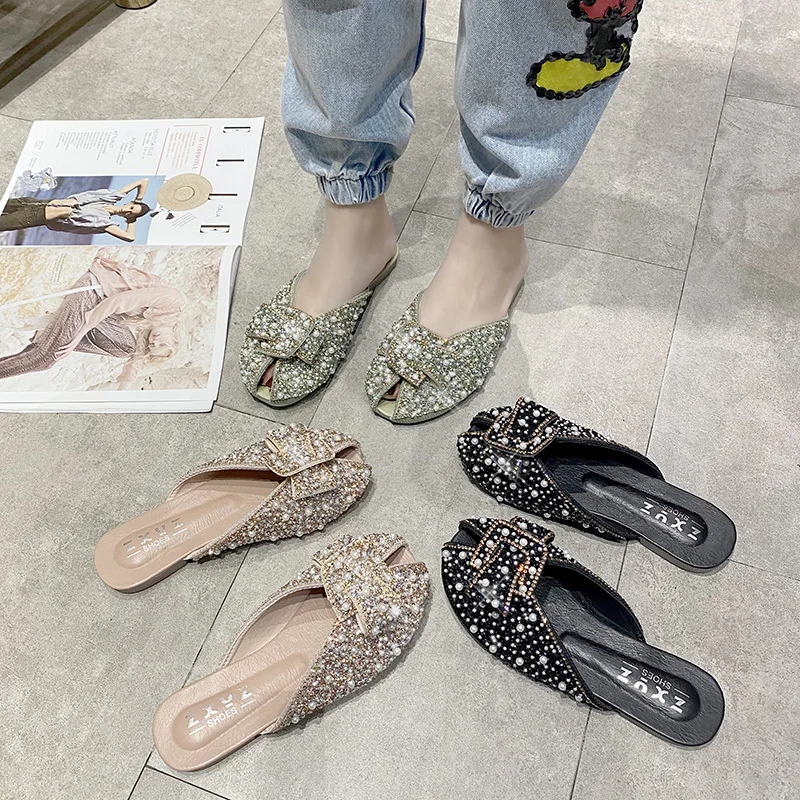 

Low Shoes Woman 2021 Glitter Slides Cover Toe String Bead Slippers Casual Female Mule Pantofle Jelly Luxury Mules Flat New Cryst