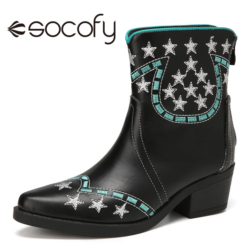 

SOCOFY Womens Folkways Ankle Boots Stars Pattern Pointed Toe Block Heel Casual Boots Shoes Casual Shoes botas de mujer 2020