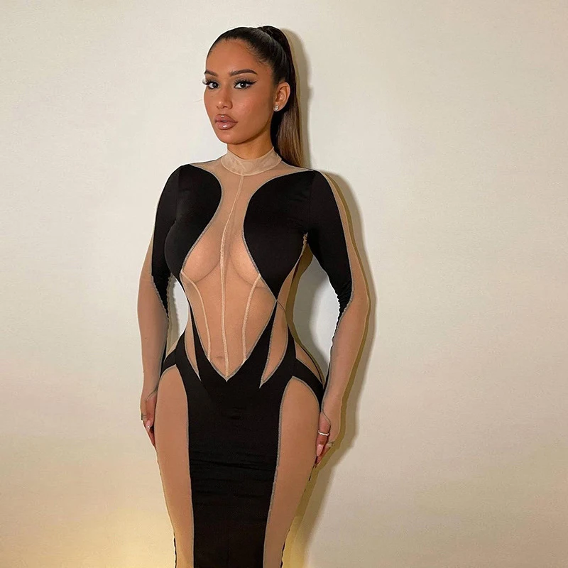 

NOVAINSPO Color Blocking O Neck Patchwork Long Sleeve Dresses Sexy Club Partywear Rave Outfits Transparent Skinny Dress 1 Piece